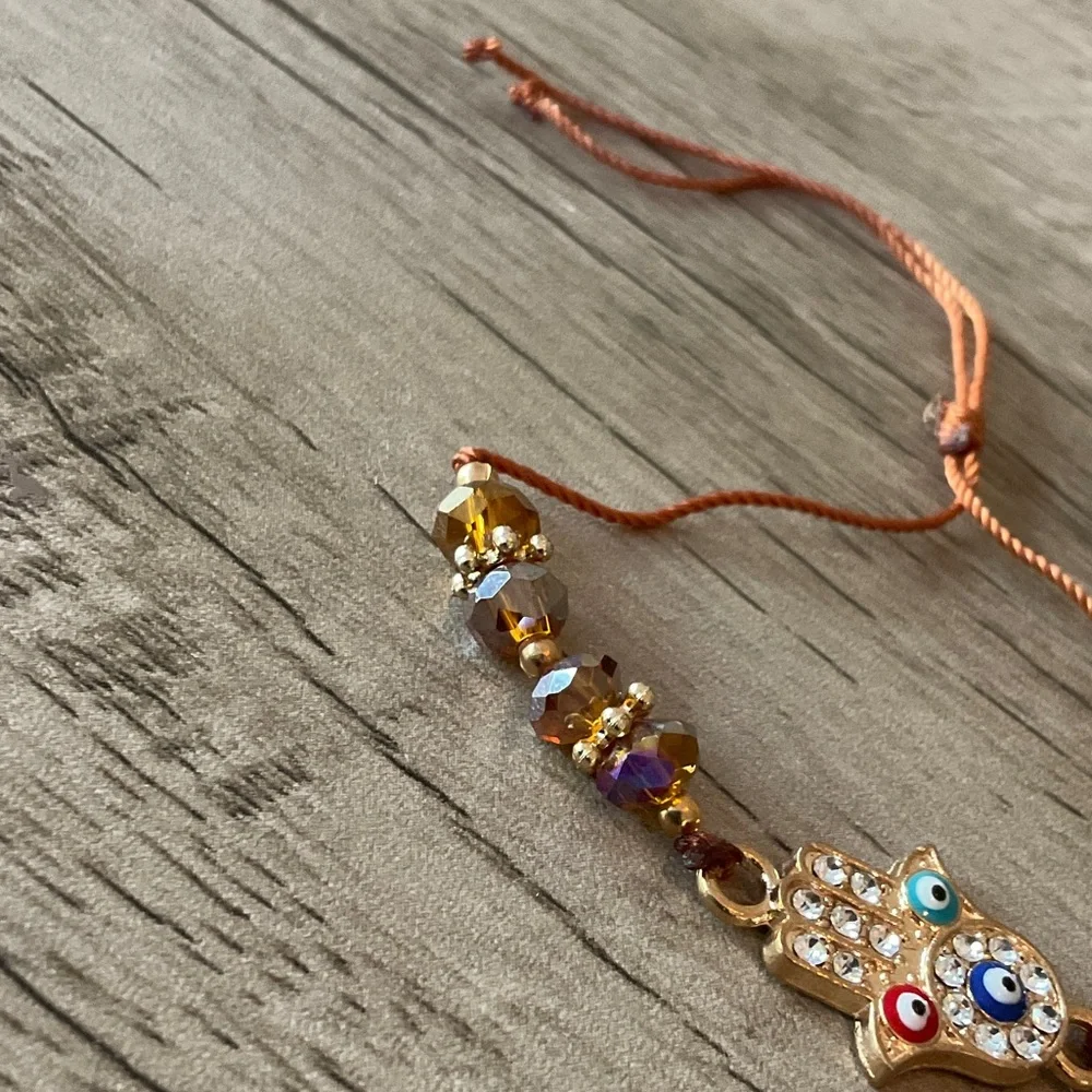 Gold Hamsa Charm Kids Bracelet with Amber Beads